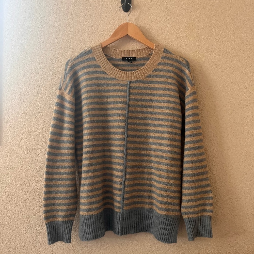 Tribal Women’s Blue and Tan Striped Crewneck Sweater - Picture 3 of 9